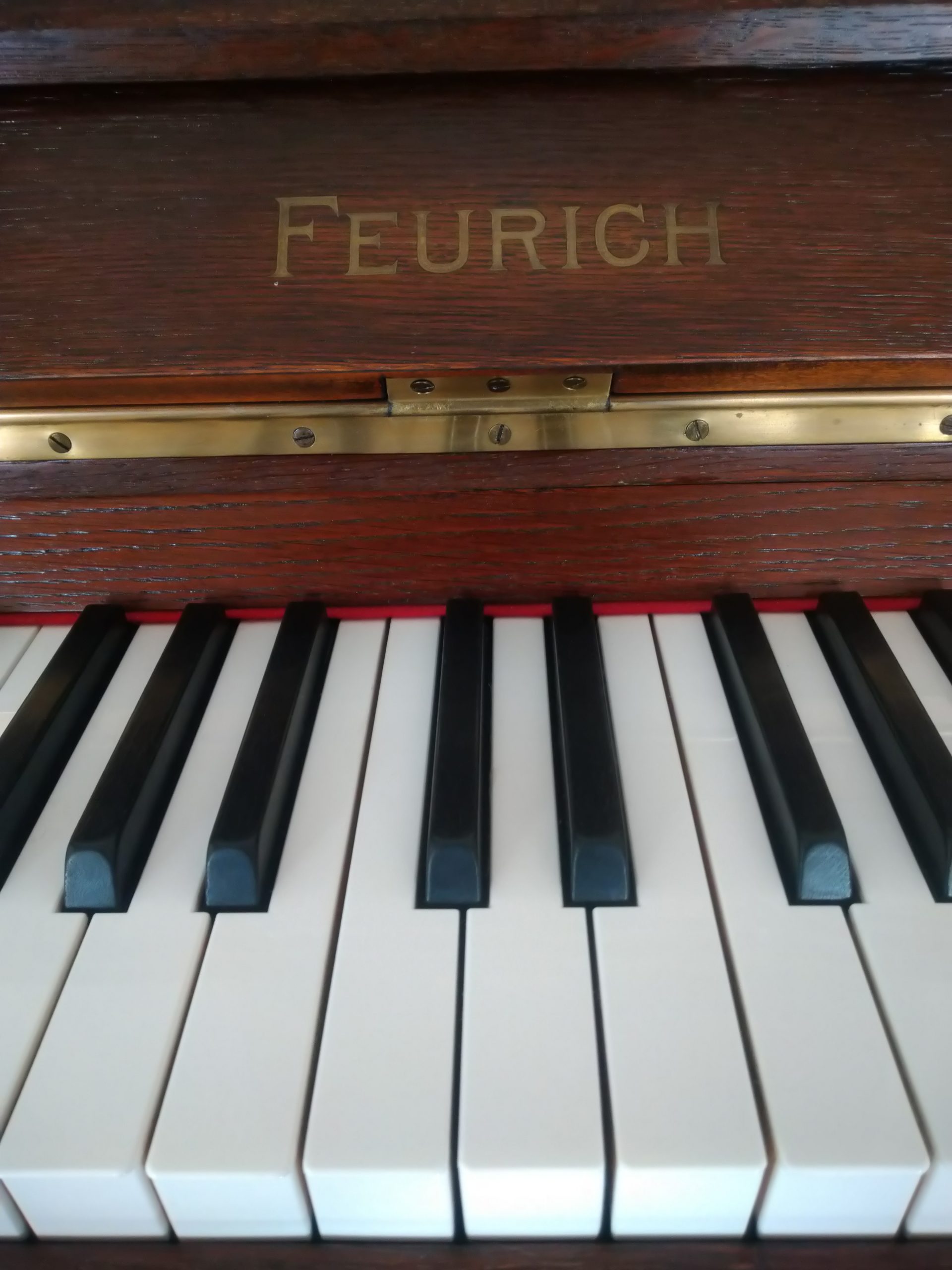 Feurich Klavier Modell 125, Klaviatur und Klappenlogo